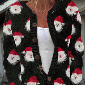 Women Christmas Santa Knitted Long Sleeve Comfy Casual Cardigan, Outerwear, color:Black|size:4XL, catalog Noracora shop