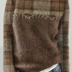 Retro plaid color blocked round neck sweater, Sweaters, Lilicloth.com