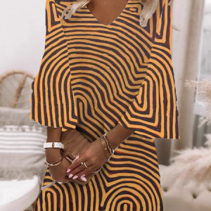 Women Geometric V Neck Three Quarter Sleeve Comfy Casual Mini Dress, Dresses, color:Yellow|size:5XL, catalog Noracora shop