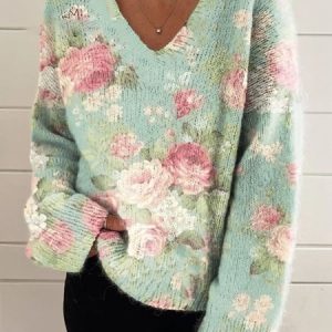 V Neck Long Sleeve Floral Regular Micro-Elasticity Loose Blouse For Women, Blouses, color:Green|size:3XL, catalog Noracora shop