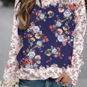 Casual Crew Neck Floral Sweatshirt, Hoodies & Sweatshirts, color:Purplish Blue|size:XXL, catalog Noracora shop