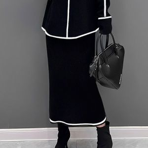 High Elasticity Casual Color Block Midi Sweater Skirt, Skirts, color:Black-white|size:XXL, Stylewe