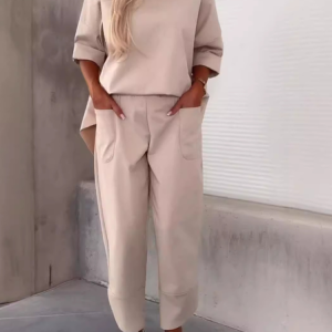 Women Plain Crew Neck Three Quarter Sleeve Comfy Casual Top With Pants Two-Piece Set, Sets, color:Apricot|size:5XL, catalog Noracora shop