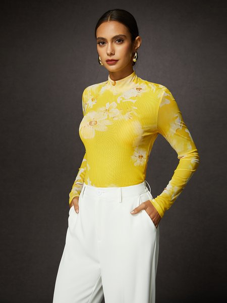 Turtleneck Floral Loose Urban Mesh Tee, Tees, color:As Picture|size:XXL, Stylewe