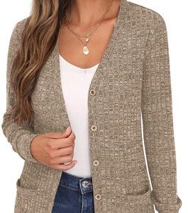 Women Plain Long Sleeve Comfy Casual Cardigan, Cardigans, color:Khaki|size:XXL, catalog Noracora shop