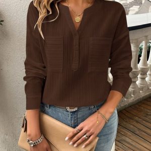 V Neck Long Sleeve Plain Regular Micro-Elasticity Loose Blouse For Women, Blouses, color:Coffee|size:XL, catalog Noracora shop