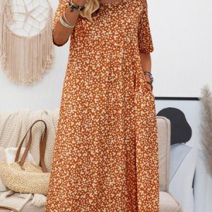 Women Short Sleeve Round Neck Floral-Print Causal Midi Dress, Midi, color:Red|size:XXL, catalog Noracora shop