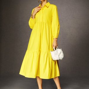 Shirt Collar Loose A-Line Cotton Maxi Dress, Maxi Dresses, color:Yellow|size:XXL, Stylewe