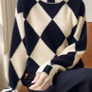 Casual Checkered Striped Sweater, Cardigans, color:Black-white|size:XXL, Stylewe