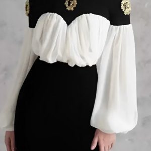 Elegant Color Block Split Joint Cold Shoulder Balloon Sleeve Blouse, Blouses and Shirts, color:Black-white|size:XXL, Stylewe