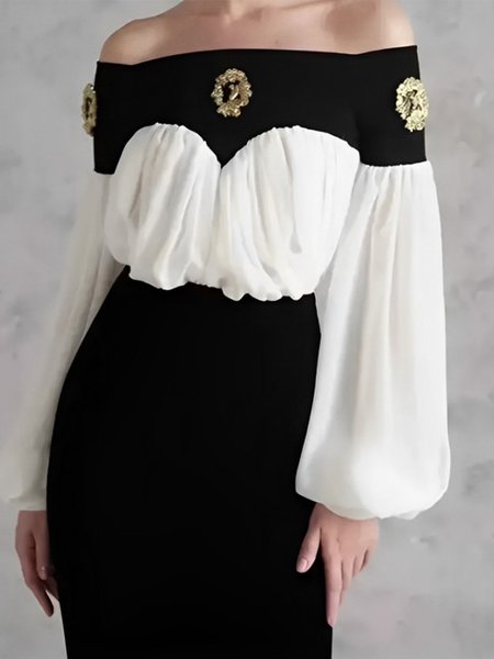 Elegant Color Block Split Joint Cold Shoulder Balloon Sleeve Blouse, Blouses and Shirts, color:Black-white|size:XXL, Stylewe