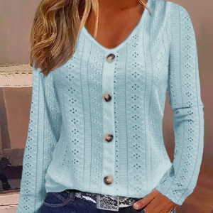 Buttoned Plain Casual Eyelet Embroidery Shirt, Blouses, color:Blue|size:XXL, catalog Noracora shop