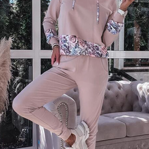 Women Floral Hoodie Long Sleeve Comfy Casual Zipper Top With Pants Two-Piece Set, Sets, color:Pink|size:XL, catalog Noracora shop