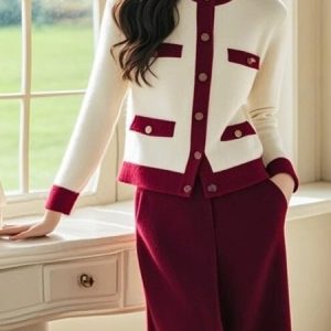 Color Block Crew Neck Buttoned Elegant Cardigan Sweater, Cardigans, color:Red|size:XXL, Stylewe