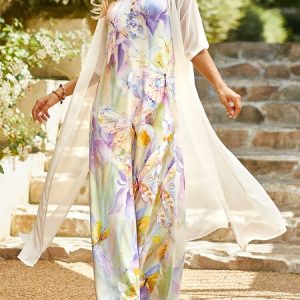 Butterfly Printed Casual Round Neck Dress With Coat Two Piece Set, Maxi, color:As Picture|size:XXL, catalog Noracora shop