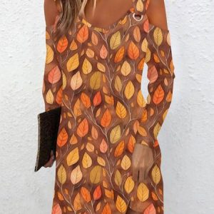 Women Maple Leaf Cold Shoulder Long Sleeve Comfy Casual Buckle Mini Dress, Dresses, color:Color5|size:3XL, catalog Noracora shop