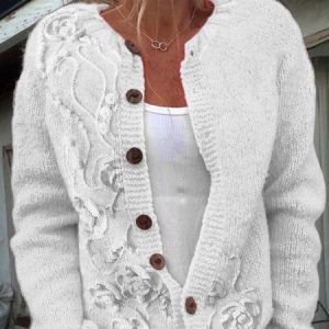 Women Knitted Plants Long Sleeve Comfy Casual Cardigan, Cardigans, color:White|size:5XL, catalog Noracora shop