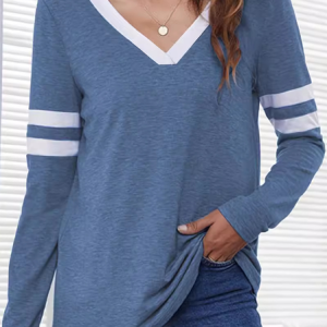 Casual Color Block V Neck Long Sleeve T-shirt, T-shirts, color:Blue|size:XL, catalog Noracora shop
