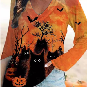 Casual Halloween Crew Neck Long Sleeve T-shirt, T-shirts, color:Orange|size:5XL, catalog Noracora shop
