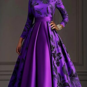 Regular Fit Crew Neck Regular Sleeve Floral Elegant Party Dress With No Belt, Midi Dresses, color:Purple|size:XXL, Stylewe