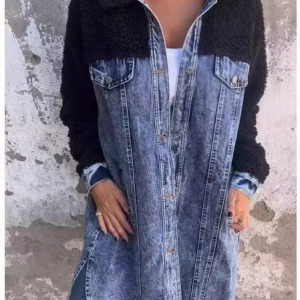 Women's Color Block Regular Loose Jacket, Outerwear, color:Denim Blue|size:5XL, catalog Noracora shop