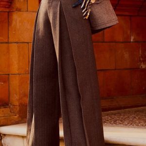 Urban Fashion Wide Leg Pants With No Belt, Pants, color:Brown|size:XXL, Stylewe