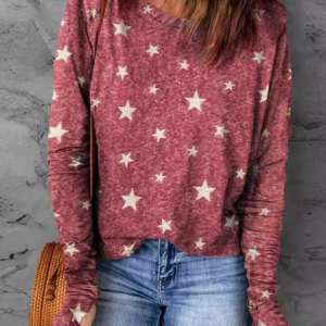 Casual Star Crew Neck Long Sleeve T-shirt, T-shirts, color:Red|size:XL, catalog Noracora shop