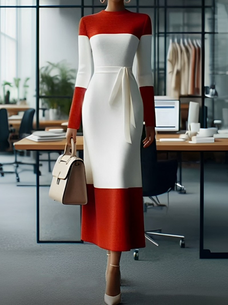 Elegant Color Block Maxi Dress With Belt, Maxi Dresses, color:As Picture|size:XXL, Stylewe