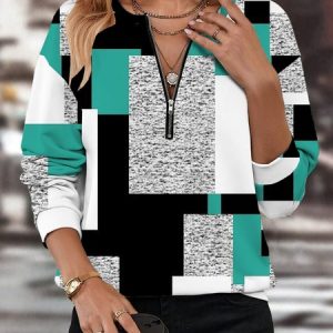 Casual Crew Neck Abstract Graphic Sweatshirt Zipper, Hoodies & Sweatshirts, color:Green|size:XXL, catalog Noracora shop