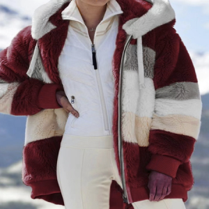 Women's Winter Outerwear Fluff/Granular Fleece Fabric Casual Split Joint Contrast Stitching Long Sleeve Hoodie Fleece Coat, JustFashionNow Jackets, color:Wine Red|size:5XL,