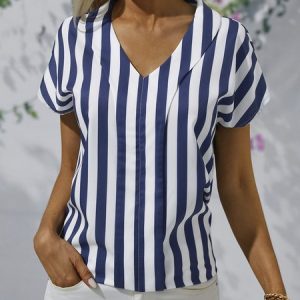 Loose Printing Casual V Neck Shirt, Blouses, color:stripe-blue|size:XS, catalog Noracora shop