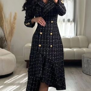 Regular Fit Plaid Elegant Long Sleeve Midi Dress, Midi Dresses, color:Black|size:XXL, Stylewe