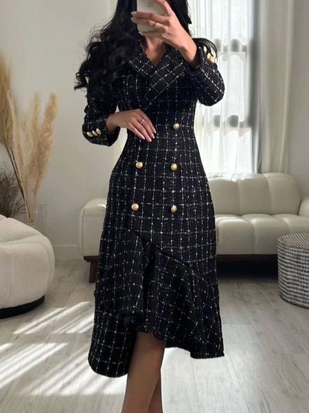 Regular Fit Plaid Elegant Long Sleeve Midi Dress, Midi Dresses, color:Black|size:XXL, Stylewe