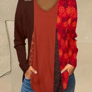 Vintage Color Block V Neck Long Sleeve T-shirt, T-shirts, color:Red|size:XXL, catalog Noracora shop