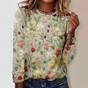 Casual Geometric Crew Neck Long Sleeve T-shirt, T-shirts, color:Apricot|size:5XL, catalog Noracora shop