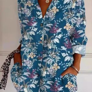 Shirt Collar Long Sleeve Floral Regular Loose TUNIC Shirt For Women, Shirts, color:Blue|size:XXL, catalog Noracora shop