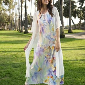 Butterfly Printed Casual Round Neck Dress With Coat Two-Piece Set, Maxi, color:As Picture|size:XXL, catalog Noracora shop