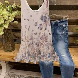 Floral-print Sleeveless Casual Tank Top, Tanks & Camis, color:Khaki|size:XXL, catalog Noracora shop