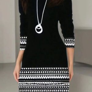 Women Geometric Crew Neck Long Sleeve Comfy Casual Mini Dress, Dresses, color:Black|size:XXL, catalog Noracora shop