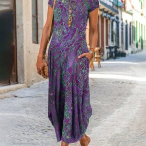 Women's Casual A-Line Short Sleeve Ombre/tie-Dye Knitting Dress, Maxi, color:Purple|size:XXL, catalog Noracora shop