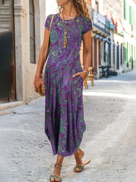 Women's Short Sleeve Summer Ethnic Dress Crew Neck Daily Going Out Casual T-Shirt Dress H-Line Dress, JustFashionNow Dresses, color:Purple|size:XXL,