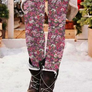Casual Floral Long Leggings, Leggings, color:Rose Red|size:4XL, catalog Noracora shop