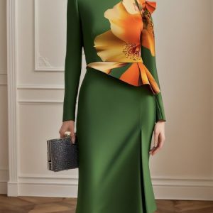 Floral Regular Sleeve Urban Dress, Midi Dresses, color:Green|size:XXL, Stylewe