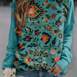 Casual Crew Neck Floral Sweatshirt, Hoodies & Sweatshirts, color:Lake Blue|size:4XL, catalog Noracora shop