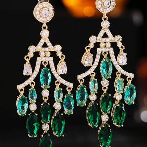 Zircon Inlaid Water Drop Tassel Earrings, Earrings, color:Green, Stylewe
