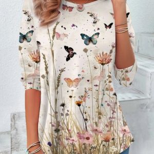 Casual Floral Crew Neck Long Sleeve T-shirt, Blouses, color:Apricot|size:XXL, catalog Noracora shop