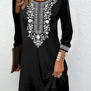 Ethnic pattern casual round neck dress, Dresses, Lilicloth.com