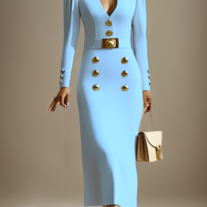 Elegant Puff Sleeve Buttoned Midi Dress, Midi Dresses, color:Blue|size:XXL, Stylewe