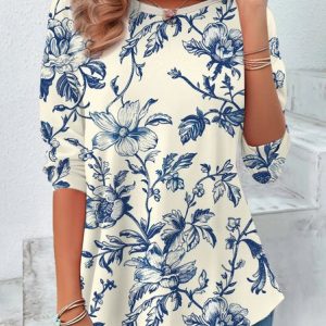 Casual Floral Print Crew Neck Long Sleeve T-shirt, Blouses, color:Blue|size:XXL, catalog Noracora shop