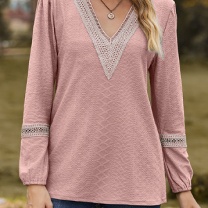V Neck Long Sleeve Plain Regular Micro-Elasticity Loose Blouse For Women, Blouses, color:Pink|size:XXL, catalog Noracora shop